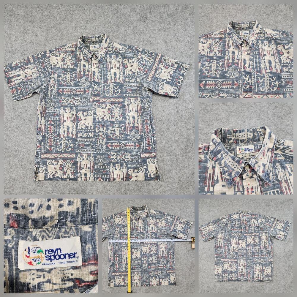 VTG Reyn Spooner Mens L Large? Aloha Hawaiian Tiki Tribal Button Up T Shirt